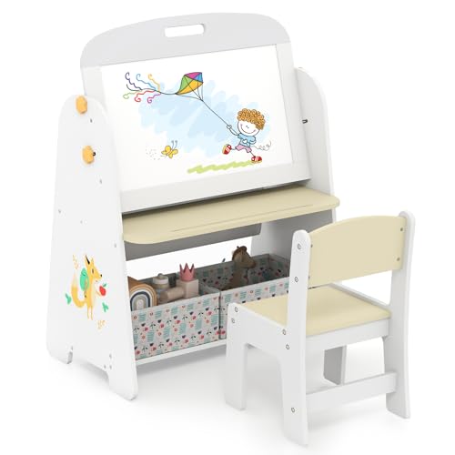 DREAMADE Kindertafel mit Stuhl, Kinder doppelseitige Staffelei mit Magnetischer Kreidetafel & Weißtafel,sicheres Spieltafel mit Stoffkiste, für Kinder ab 3 Jahren (Natur) von DREAMADE
