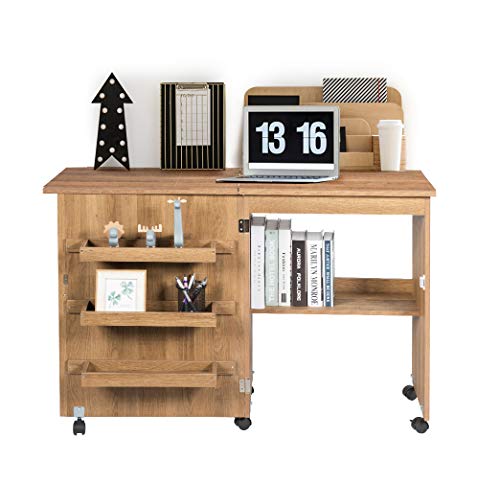 DREAMADE Nähtisch Nähmaschinenschrank Faltbar, Nähschrank Nähmöbel, Mehrzwecktisch mit 4 Rollen (Natur) von DREAMADE