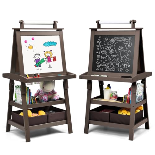 DREAMADE doppelseitige Kinder Staffelei aus Holz, Kinderstaffelei mit Ablage, Kindertafel mit Papierrolle Whiteboard und Kreidetafel, inkl. 2 Stoffboxen (Kaffee) von DREAMADE