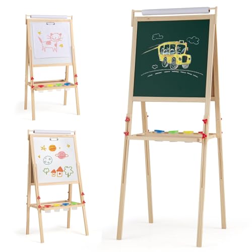 DREAMADE höhenverstellbare Kinderstaffelei aus Holz, doppelseitige Kinder Staffelei mit magnetischem Whiteboard & Kreidetafel, Papierrolle, Zeichentafel mit 2 Ablagefächern & 4 Farbbechern, Natur DREAMADE höhenverstellbare Kinderstaffelei aus Holz, doppelseitige Kinder Staffelei mit magnetischem Whiteboard & Kreidetafel, Papierrolle, Zeichentafel mit 2 Ablagefächern & 4 Farbbechern, Natur von DREAMADE