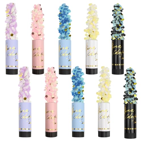 DRERIO 10 Stück Konfettikanone 5 Farben Konfettiregen Hochzeit Party Poppers,konfettikanone hochzeit Gender Reveal Kanone,11cm mit drehbarem schwarzem Drehteller nach links für Weihnachten Jahrestag von DRERIO