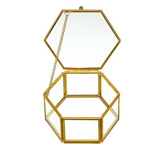 DRERIO glass jewelry box Schmuckschatulle aus Glas, kleine dekorative Schmuckschatulle, durchsichtige Schmuckschatulle, Schmuckaufbewahrungsbox, sechseckiger Ringkasten, Schmuck-Organizer, golden von DRERIO