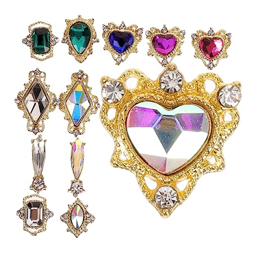 DRESSOOS 1 Set Metal Symphony Crystal Heart Maniküre Diamant Ornamente 12 Raster Set Mit Volldiamanten Herzen Retro Diamant Ornamente (01) Nagel Strasssteine ​​ Nagel Charms Coole Nagel von DRESSOOS