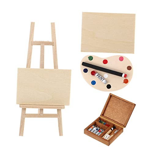 DRESSOOS 4 Teiliges öbelset Für Puppenhäuser Holzmalerei Easel Zeichenbrett Farbbox Dekoration Für Miniatur Landschaften Und Puppenhausmöbel von DRESSOOS
