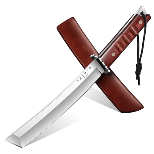 Jagdmesser Outdoor Messer, Tanto Messer Japan Feststehendes, Bushcraft Messer Survival Messer mit D2 Stahl Klinge, Seilschlaufe und geometrischer Spitze für Camping Wandern Fischen, Griff aus Nussbaum von DRGSKL