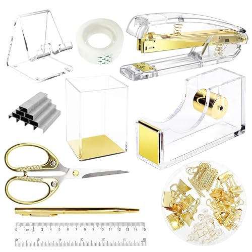 DRQ Gold Schreibtischzubehör, Bürobedarf-Set, Acryl-Hefter, Telefonhalter, Klebebandhalter, Stifthalter, Kugelschreiber, Schere, Binder-Clips, Lineal, transparenter Kleber und Heftklammern DRQ Gold Schreibtischzubehör, Bürobedarf-Set, Acryl-Hefter, Telefonhalter, Klebebandhalter, Stifthalter, Kugelschreiber, Schere, Binder-Clips, Lineal, transparenter Kleber und Heftklammern von DRQ