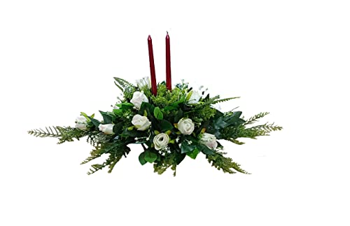 DRW Blumenzentrum für weißen Tisch mit Kerzen (Weihnachten, Hochzeiten, Feierlichkeiten) 83 x 47 x 34 cm h, bunt, 83x47x34 cm h von DRW