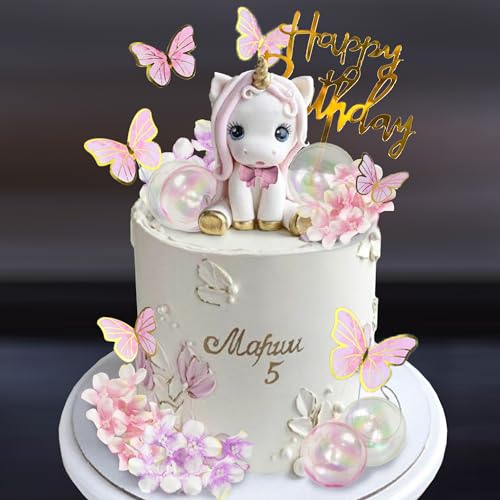 22 Stück Einhorn-Kuchenaufsatz, Einhorn-Blumen-Kuchendekorationen mit künstlichen Blumen, Kugel, Schmetterling, Happy Birthday-Kuchendekorationen für Jungen und Mädchen, Kindergeburtstag, Party, von DRWATE