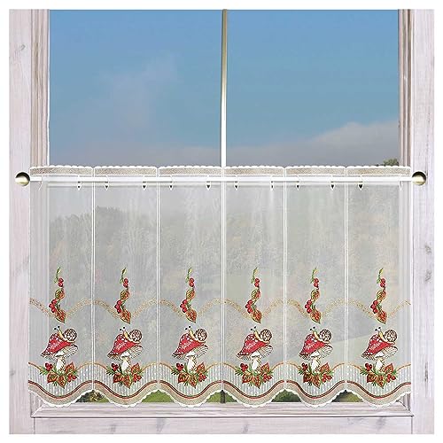 Bestickte Scheibengardine Herbstzeit aus Plauener Spitze Kurzgardine mit Fliegenpilzen und Buntem Herbstlaub 55 x 144 cm von DSD Design-Studio Drechsler