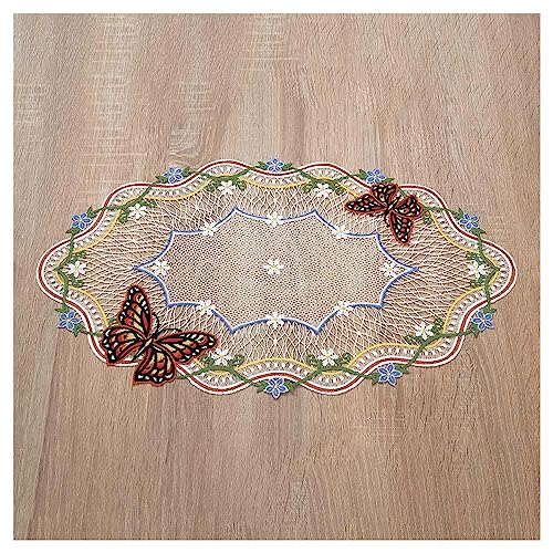 Deckchen Fiona Echte Plauener Spitze sommerliche Tischdecke mit kleinen Blüten und Schmetterlingen bunt 50 x 30 cm oval von DSD Design-Studio Drechsler