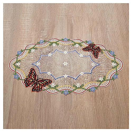 Deckchen Fiona Echte Plauener Spitze sommerliche Tischdecke mit kleinen Blüten und Schmetterlingen bunt 50 x 30 cm oval von DSD Design-Studio Drechsler