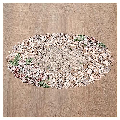 Deckchen Orchidee aus Echter Plauener Spitze gestickte Tischdecke mit Blumen-Muster in rosé 50 x 30 cm oval von DSD Design-Studio Drechsler