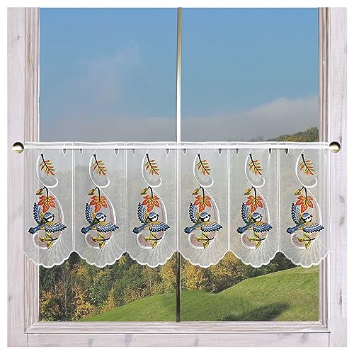 Fröhliche Scheibengardine Herbstwind mit Blaumeise | Panneaux Plauener Spitze | Bunte Kurzgardine Bestickt mit Naturmotiv Goldener Herbst und tanzendes Herbstlaub | Fensterdeko 2 Höhen, viele Breiten Fröhliche Scheibengardine Herbstwind mit Blaumeise | Panneaux Plauener Spitze | Bunte Kurzgardine Bestickt mit Naturmotiv Goldener Herbst und tanzendes Herbstlaub | Fensterdeko 2 Höhen, viele Breiten von DSD Design-Studio Drechsler