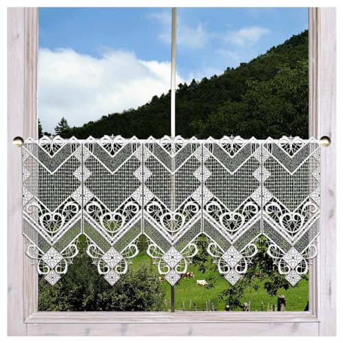 Moderne Kurzgardine Venka aus Echter Plauener Spitze Scheibengardine mit geometrischem Muster in weiß-grau 40 x 80 cm Moderne Kurzgardine Venka aus Echter Plauener Spitze Scheibengardine mit geometrischem Muster in weiß-grau 40 x 80 cm von DSD Design-Studio Drechsler