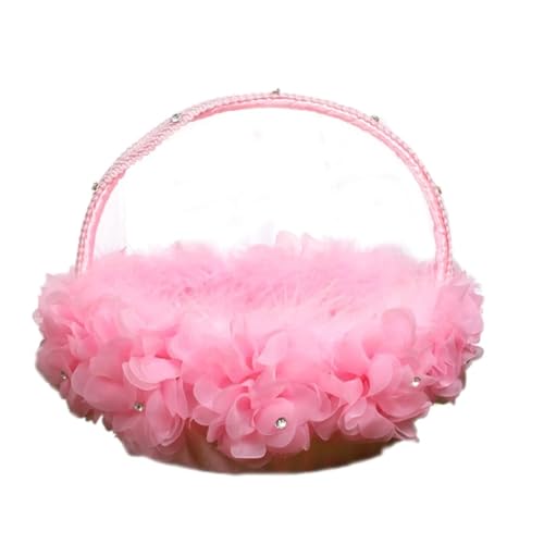 BlumenmäDchen Korb Hochzeit Blumenmädchen Körbe rot oder rosa kleine Stück Blume Korb Satin Flusen Spitze Griff Faux Blumen Dekor FüR Hochzeitszeremonie(Pink) von DSFDFDG