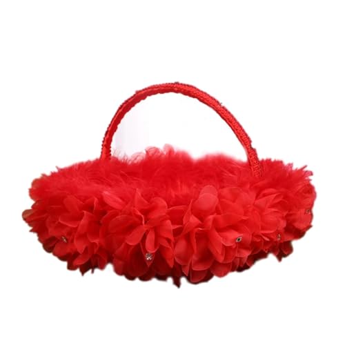 BlumenmäDchen Korb Hochzeit Blumenmädchen Körbe rot oder rosa kleine Stück Blume Korb Satin Flusen Spitze Griff Faux Blumen Dekor FüR Hochzeitszeremonie(Red) von DSFDFDG
