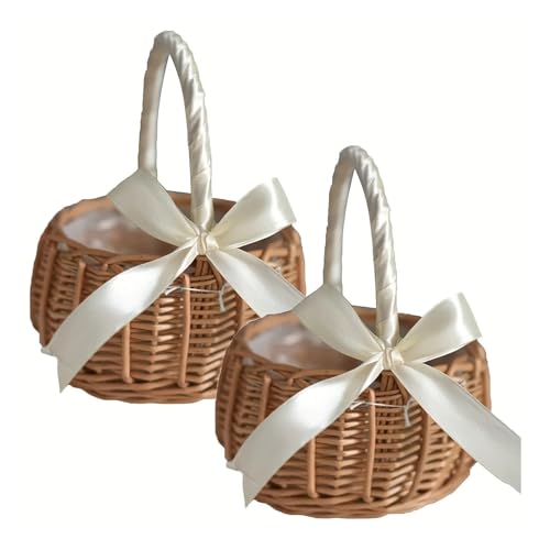 DSFDFDG BlumenmäDchen Korb 2 Stück Blumenkorb aus Weidenrattan mit Henkel, Romantischer Blumenkorb for Blumenmädchen, Hochzeitskorb mit Schleife FüR Hochzeitszeremonie von DSFDFDG