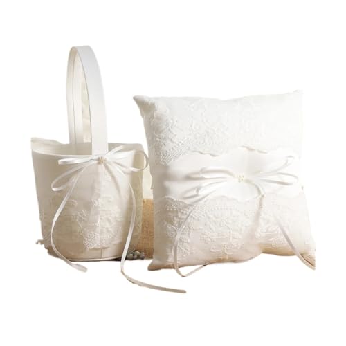 DSFDFDG BlumenmäDchen Korb Blumenmädchen-Körbe for die Hochzeit und Ringkissen-Set, Perlen-Strasssteine, weiße Satinspitze, Sammelkorb for Partyzubehör FüR Hochzeitszeremonie(Ring Pillow Set) von DSFDFDG
