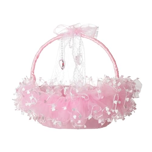 DSFDFDG BlumenmäDchen Korb Blumenmädchenkorb for Hochzeit, kleine, mit Satin umwickelte Körbe mit Spitze und klarem Herzanhänger, Dekoration, Weiß/Rosa FüR Hochzeitszeremonie(Pink) von DSFDFDG