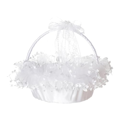 DSFDFDG BlumenmäDchen Korb Blumenmädchenkorb for Hochzeit, kleine, mit Satin umwickelte Körbe mit Spitze und klarem Herzanhänger, Dekoration, Weiß/Rosa FüR Hochzeitszeremonie(White) von DSFDFDG