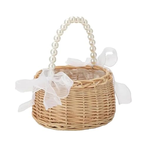 DSFDFDG BlumenmäDchen Korb Perlen-Blumenmädchenkorb, Hochzeitskorb mit Perlengriff, Schleifenband, Fee, romantischer Rattan-gewebter Blumenkorb for Hochzeitskarte FüR Hochzeitszeremonie(M) von DSFDFDG