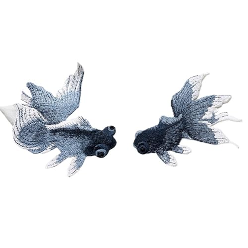 gestickte aufnäher 2 Stück Goldfisch Tier Fisch bestickte Aufnäher im chinesischen Ethno-Stil DIY Nähen Patch Stickerei Applikation Dekorationen for Kleidung Schuhe(Goldfish Black A) von DSFIHJO