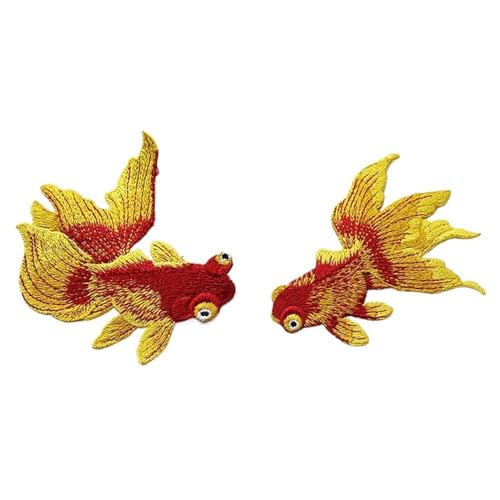gestickte aufnäher 2 Stück Goldfisch Tier Fisch bestickte Aufnäher im chinesischen Ethno-Stil DIY Nähen Patch Stickerei Applikation Dekorationen for Kleidung Schuhe(Goldfish Gold A) von DSFIHJO