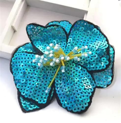 gestickte aufnäher 2 Stück handgefertigte große Pailletten-Blumen, gestickte glänzende Applikationen, modische Kleidung, Aufnäher, Zubehör(Lake Blue) von DSFIHJO