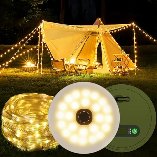 DSGKUU Camping Lichterkette Aufrollbar 10M, 4 in 1 Tragbare Wiederaufladbare Lichterkette Außen mit 8 Beleuchtungsmodi, Wasserdichte USB Campinglampe Taschenlampe für Zelt Wander Party von DSGKUU