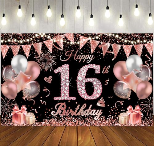 Happy 16th Birthday Banner Rose Gold 16th Birthday Party Decoration Backdrop Extra Large 110*180cm Fabric Photography Background Poster 16th Birthday Party Supplies for Girls Teenager Women Happy 16th Birthday Banner Rose Gold 16th Birthday Party Decoration Backdrop Extra Large 110*180cm Fabric Photography Background Poster 16th Birthday Party Supplies for Girls Teenager Women von DSLIHA