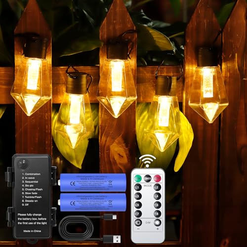 DSLebeen LED Outdoor Lichterkette Außen Batterie Timer 9M 12 Birnen ST64 LEDs USB Aufladbar 5000mAh Batterie Lichterkette für Außen, Weihnachten, Fenster, Treppen, Gärten, Party, Hochzeiten von DSLebeen