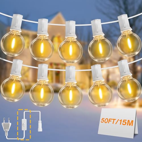 DSLebeen LED Lichterkette Außen Strom,15M/50FT 15+1 G40 LED Birnen Lichterkette mit Leitungsschalter Wasserdicht und Bruchsicher Lichterketten für Garten Balkon Hochzeit Party（Weißes Kabel） von DSLebeen