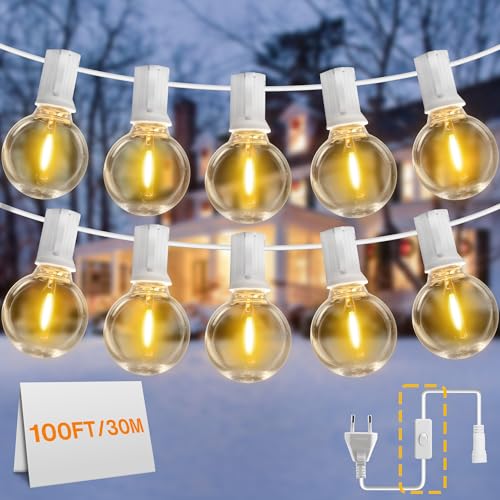 DSLebeen LED Lichterkette Außen Strom, 30M/100FT 35+2 G40 LEDs Lichterkette mit Leitungsschalter Wasserdicht und Bruchsicher Lichterketten für Garten, Balkon, Hochzeit, Party(Weißes Kabel) von DSLebeen