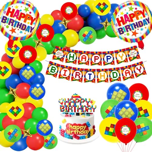 Bausteine Geburtstagsdeko,Kindergeburtstag Deko Junge,Bausteine Luftballon,"Happy Birthday"Banner,Grün,Luftballongirlande,Bausteine Folienballon,Happy Birthday Deko,Baustein Theme Party Supplies von DSTLWBCS