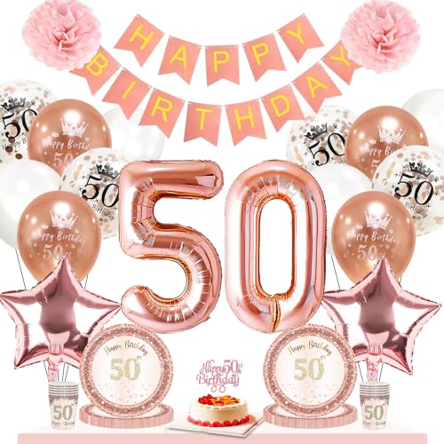 Deko 50 Geburtstag Frau RoséGold, Ballon 50 Geburtstag Frau Deko,Geburtstagsdeko 50 Jahr,Papierbanner Papierblumen Folienballon,Gruppe von 10 Pappteller Pappbecher ,Tischdeko Party Dekoration von DSTLWBCS