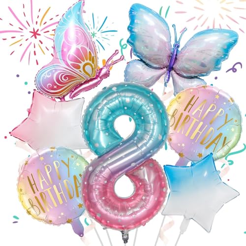 Geburtstagsdeko 8 Jahre Mädchen Schmetterlinge,1 Folienballon 8,6 Folienballon Geburtstag,Schmetterling Luftballon,Schmetterling Luftballon Deko,Für 8 Mädchen Geburtstag Deko Schmetterling Luftballon von DSTLWBCS