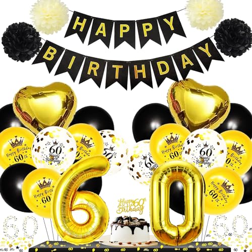 Luftballons 60.Geburtstag Schwarz Gold,Party Deko 60 Geburtstag Gold Schwarz,Schwarz Gold Luftballons Geburtstag,Konfettigeburtstag, Banner,Pompons, Luftballon,Latex Ballons,Folienballons, Cake Topper von DSTLWBCS