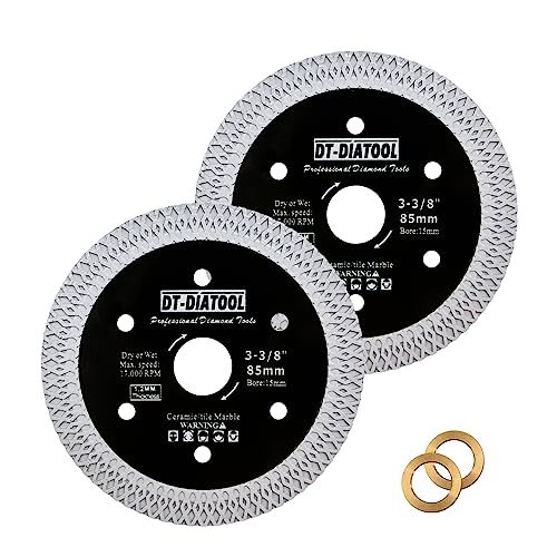 DT-DIATOOL Diamant-Fliesenblatt 85mm 2-Pack Schneiden Porzellan Fliesen Keramik Marmor Granit Kreissägeblatt mit X Mesh Segment Arbor 10mm-15mm von DT-DIATOOL