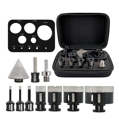 DT-DIATOOL Diamantbohrer-Set 10er-Pack-6/6/8/25/35/50/68mm Fliesenbohrer + 10mm Diamantfräser + 50mm Diamantfasenbohrer + Sechskantadapter für Porzellanfliesen Keramik Marmor Granit Diamant Lochsäge von DT-DIATOOL