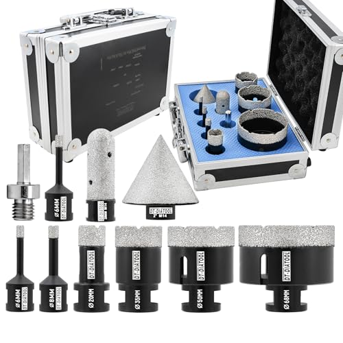 DT-DIATOOLDiamond Bohrer Set 10er-Pack-6/6/8/25/35/50/68mm Fliesenbohrer + 20mm Diamantfräser + 50mm Diamantfase + Sechskantadapter für Porzellan Fliesen Keramik Marmor Granit von DT-DIATOOL