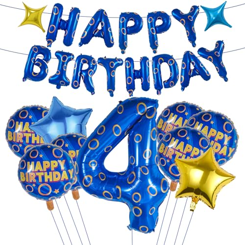 Blaue und goldene Ringe, Geburtstagsparty-Dekorationen, 24 Stück, blau-goldenes Ringthema, Happy Birthday-Banner, Zahl 4, Folienballon-Set, Partyzubehör für Jungen und Mädchen (4. Geburtstag) von DTMEFJ