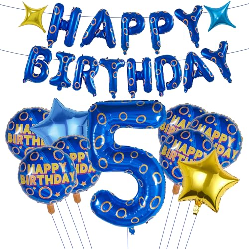 Blaue und goldene Ringe, Geburtstagsparty-Dekorationen, 24 Stück, blau-goldenes Ringthema, Happy Birthday-Banner, Zahl 5, Folienballon-Set, Partyzubehör für Jungen und Mädchen (5. Geburtstag) von DTMEFJ