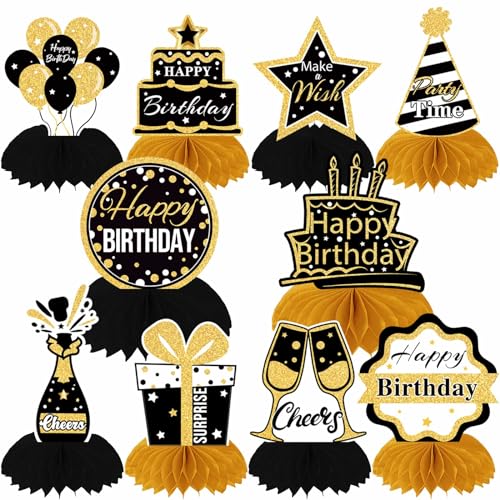 DTOFOOT 10 Stück Tischdeko Geburtstag, Geburtstag Bienenwaben Mittelstück Tischdekoration Schwarz Gold Papier Happy Birthday Deko Geburtstag Tischaufsätze für Männer Frauen Geburtstagsparty Zubehör von DTOFOOT