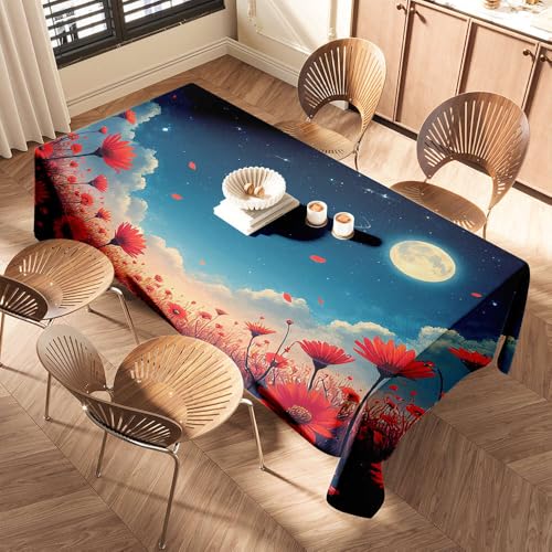 DTWE Picknicktischdecke, ein Feld roter Blumen unter einem Sternenhimmel mit Vollmond, elastische Kanten, Kunststoff-Tischdecke, Kunststoff-Tischdecke DTWE Picknicktischdecke, ein Feld roter Blumen unter einem Sternenhimmel mit Vollmond, elastische Kanten, Kunststoff-Tischdecke, Kunststoff-Tischdecke von DTWE