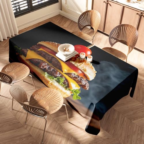 DTWE Rote Tischdecke, saftiger Burger mit Käse, Salat, Tomate und einer Kirsche auf der Oberseite, elastische Kanten, blaue Tischdecke, Picknicktischdecke von DTWE