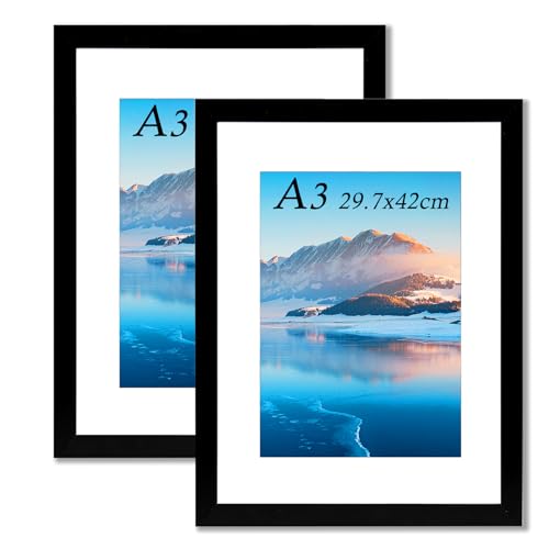 A3 Bilderrahmen 2 Pack, 29,7 x 42 cm Schwarz Holz DIN A3 Bilderrahmen, A3 Fotorahmen mit Plexiglas, Wandmontierter A3, Din A3 Bilderrahmen für A3/A4 Druck von DTXDTech