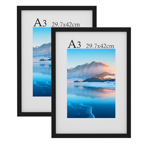 A3 Rahmen 2 Packungen, 29,7 x 42 cm Holz A3 Bilderrahmen, A3 Fotorahmen mit Plexiglas, Wandmontierter A3 Posterrahmen, A3 Fotorahmen, Schlafzimmer und Wohnzimmer Dekoration (Schwarz) von DTXDTech