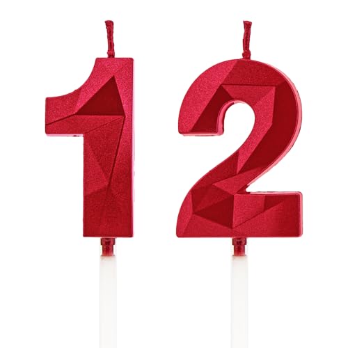 12 Geburtstag Kerzen, Rot Zahlenkerzen Geburtstagsdeko, Happy Birthday Cake Toppers, für Geburtstagsfeiern Hochzeiten Firmenjubiläen (Rot, 12) von DTXLX
