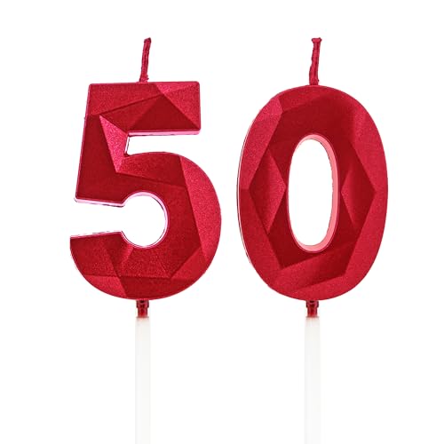 50 Geburtstag Kerzen, Rot Zahlenkerzen Geburtstag Deko, Happy Birthday Cake Toppers, für Geburtstagsfeiern Hochzeiten Firmenjubiläen (Rot, 50) von DTXLX