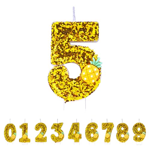 Ananas-Kerzen, Zahl 5, goldene Kerzen zum 5. Geburtstag, handgefertigt, glitzernd, glänzend, Happy Birthday-Kuchenaufsatz – perfekt für Mottogeburtstagsfeiern Ananas-Kerzen, Zahl 5, goldene Kerzen zum 5. Geburtstag, handgefertigt, glitzernd, glänzend, Happy Birthday-Kuchenaufsatz – perfekt für Mottogeburtstagsfeiern von DTXLX